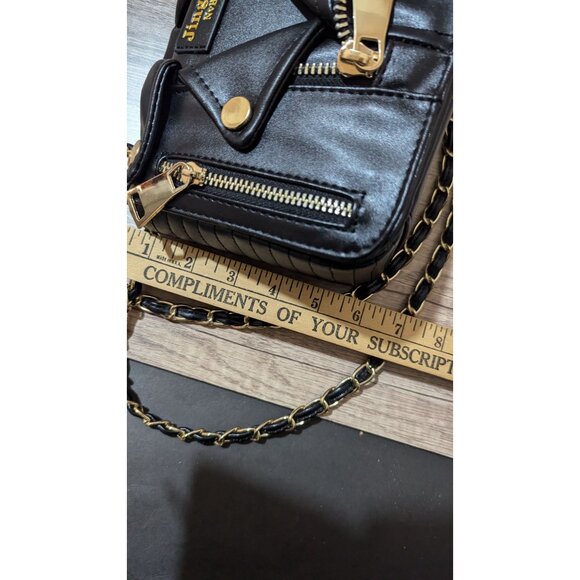 JingPin NvBao Black Faux Leather Biker Jacket Style shoulder Bag Chain Strap - Picture 9 of 11
